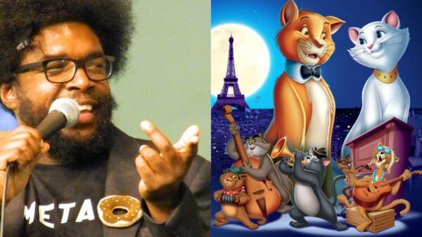 A split image of a man speaking into a microphone, and a promotional poster for the 1970 Disney movie The Aristocats.