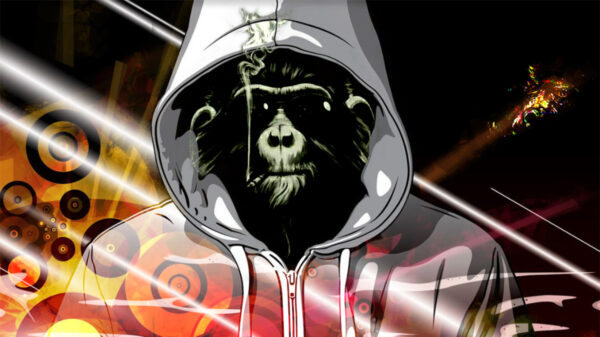 A design concept featuring a chimpanzee wearing a white hoodie and sunglasses.