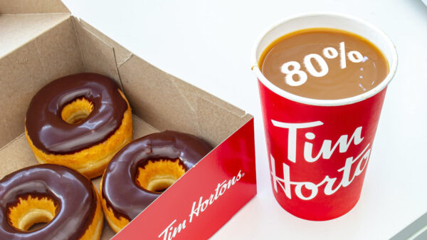 A box of Tim Hortons donuts and a cup of Tim Hortons coffee with the text '80%' super imposed on the coffee.