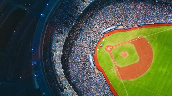 An aerial view of a baseball stadium in the daytime.