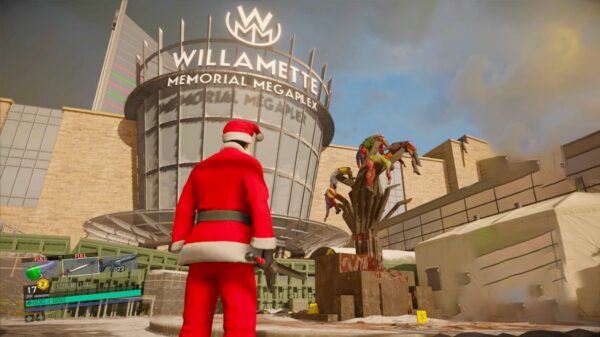 A screengrab of a video game featuring a character dressed as Santa Claus.