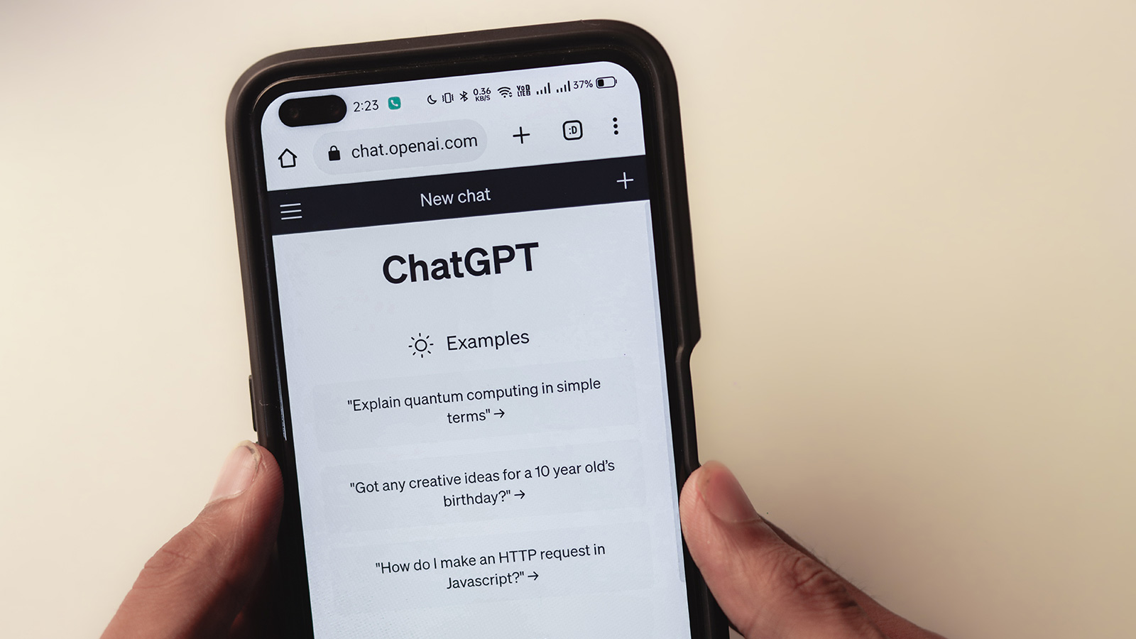 A mobile phone with generative AI system ChatGPT loaded on a browser.