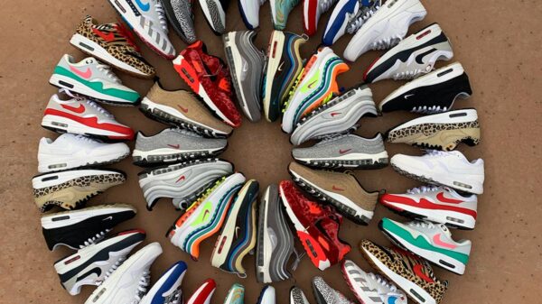 A large amount of sneakers arranged in the form of a spiraling circle