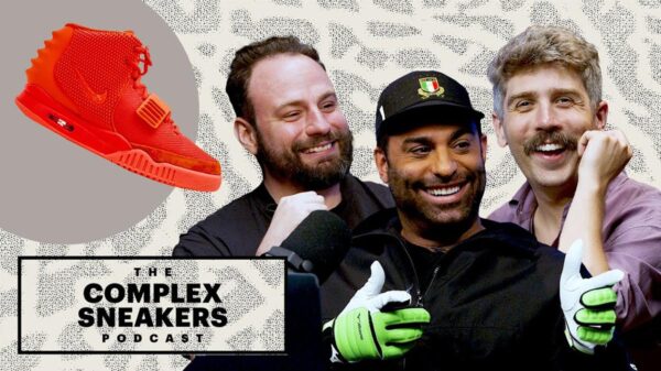 Three people, presumably the three people speaking about fake sneakers in the podcast this image is promoting.