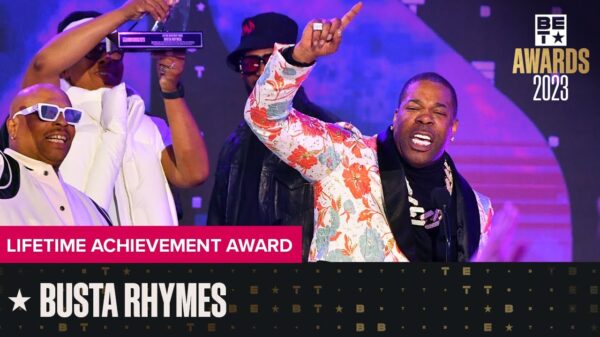 Screengrab of Busta Rhymes winning the Lifetime Achievement Award at the 2023 BET Awards