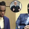 Composite image of the YNW Melly trial with one side featuring YNW Melly and the other side a witness on the stand wearing a ski mask.