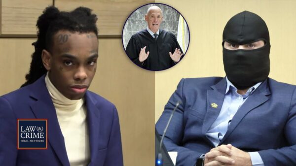 Composite image of the YNW Melly trial with one side featuring YNW Melly and the other side a witness on the stand wearing a ski mask.