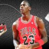 A composite image of basketball legend Michael Jordan and two pairs of Air Jordan sneakers.