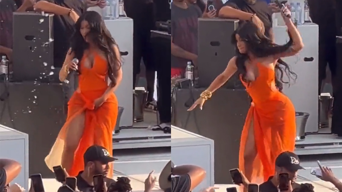 An image split in two: one side where Cardi B gets when, and the otherside where Cardi B throws microphone