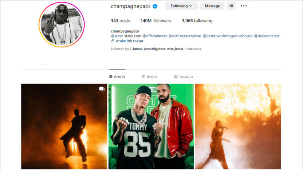 A screenshot of Drake's Instagram profile on July 21, 2023