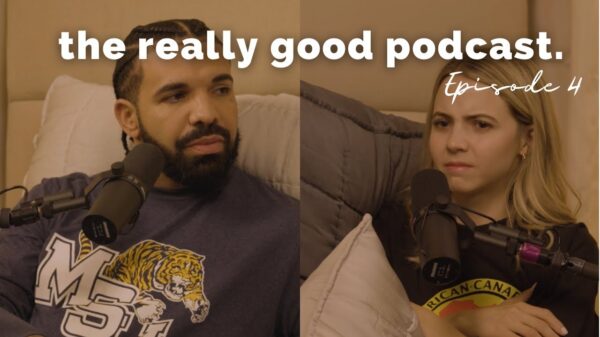 Drake and Bobbi Althoff in bed during a shoot for The Really Good Podcast