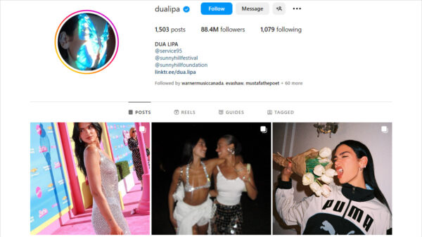 A screenshot of the Instagram profile of Dua Lipa