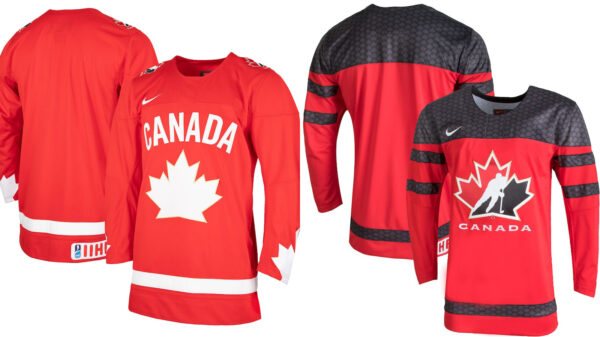 A front and back view of two Hockey Canada jerseys during the Nike sponsorship.