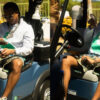 A split image of a man sitting on a golf cart, looking intently at a mobile phone on one side, and laughing at what he has seen on the other side.