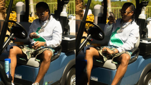 A split image of a man sitting on a golf cart, looking intently at a mobile phone on one side, and laughing at what he has seen on the other side.