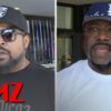 A split screen featuring Ice Cube on one side and WC on the other, both discussing the possibility of a Westside Connection reunion with a TMZ reporter.