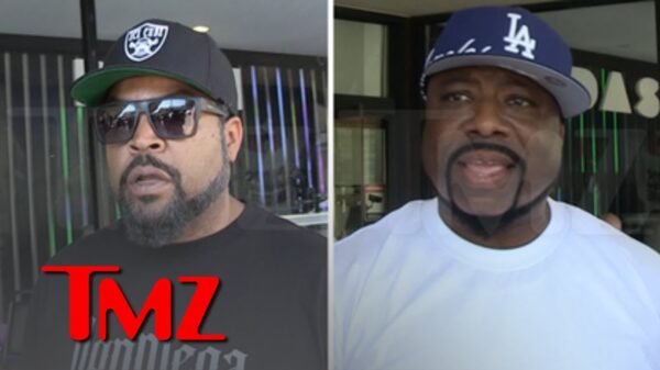 A split screen featuring Ice Cube on one side and WC on the other, both discussing the possibility of a Westside Connection reunion with a TMZ reporter.