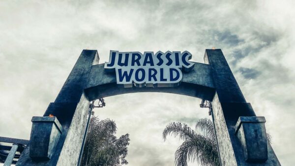 A Jurassic World entrance sign at the Universal Studios Hollywood in North Hollywood, CA, USA