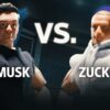 An image depicting a cage match between Musk vs Zuckerberg