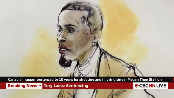 A courtroom sketch of Tory Lanez sentenced to 10 years