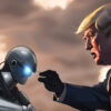 An AI depiction of a futuristic American civil war with Donald Trump in a military uniform interacting with a cyborg soldier.