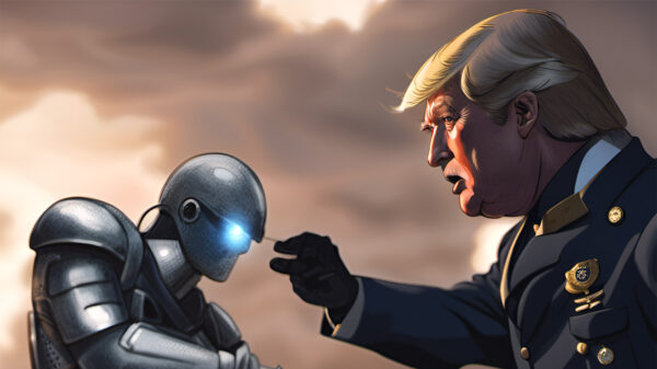 An AI depiction of a futuristic American civil war with Donald Trump in a military uniform interacting with a cyborg soldier.
