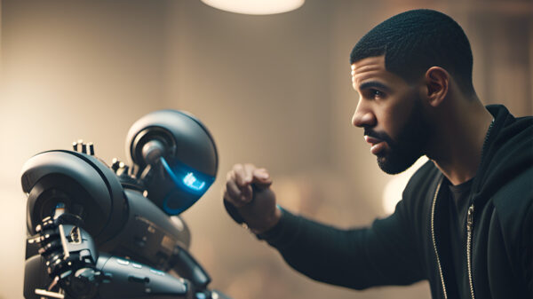 An AI-powered depiction of rapper Drake fighting a robot
