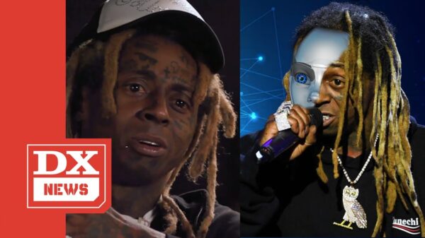One half of the image is rapper Lil Wayne and the other half is a robotic looking Lil Wayne, representing AI.