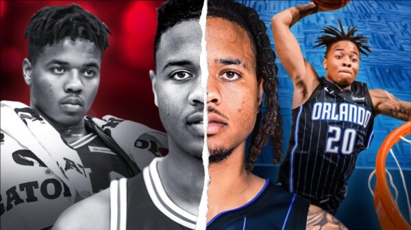 Three images of pro basketball player Markelle Fultz stitched together.