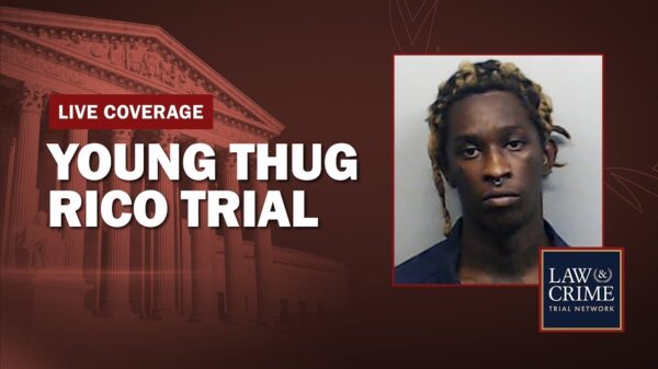 YouTube thumbnail for a video covering the Young Thug RICO trial. A mugshot of Young Thug is featured in the image.