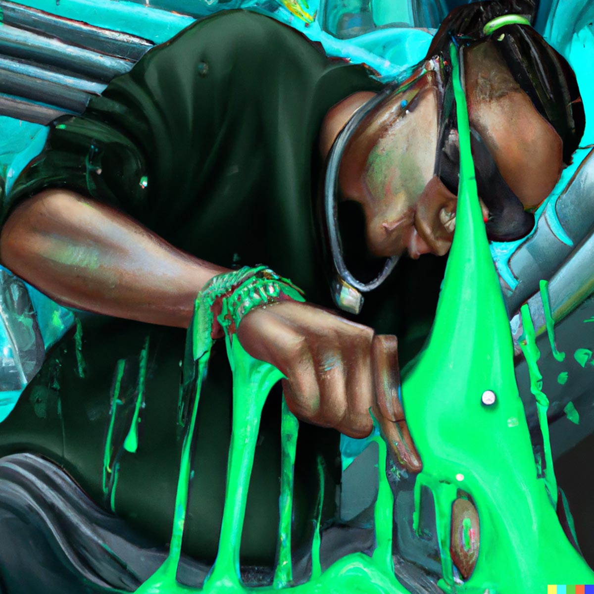 A cartoon of a young Black man with sunglasses covered in green slime.