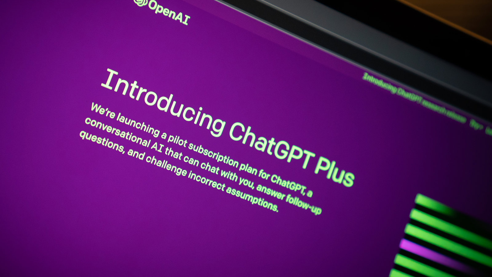A purple screen with the words Introducing ChatGPT Plus, along with a brief description of the ChatGPT Plus service.