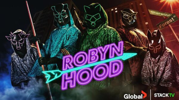Scary looking masked men with neon lights on their masks pose in a promo photo for the Global TV show Robyn Hood.