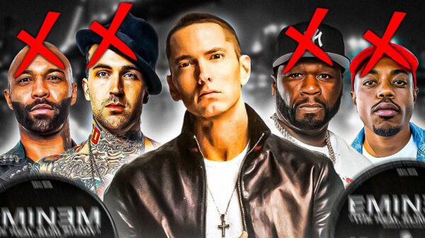 A photo of Eminem standing next to other rappers with their faces crossed out