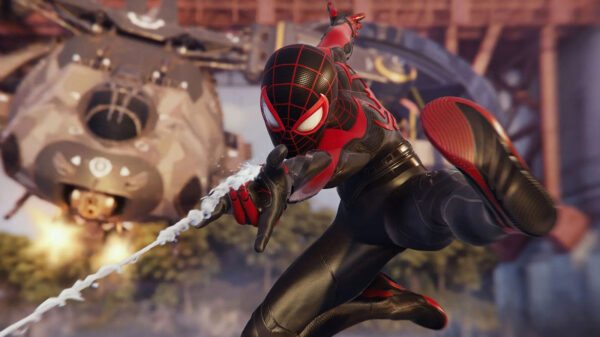 A screenshot of Spider-Man webslinging in Marvel's Spider-Man 2