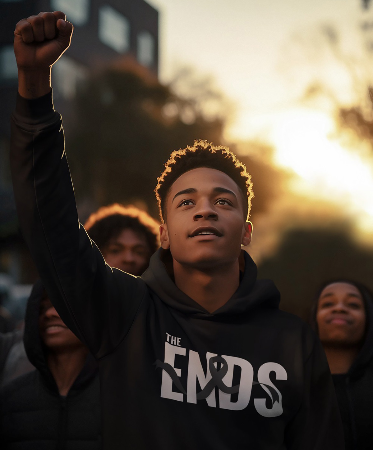 A young man wearing a hoodie from The Ends Fight Ribbon collection holds his fist in the air while looking up in the air.