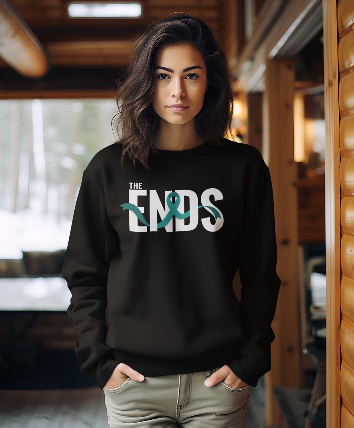 A young woman poses for a photo in a black sweater from The Ends Fight Ribbon collection.