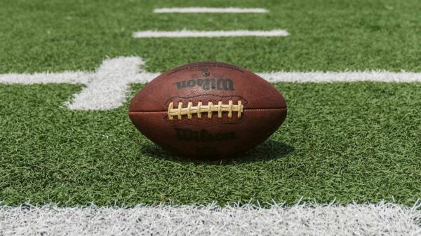 A football sitting on a football field.