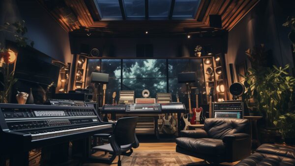 A high end recording studio with a skylight.