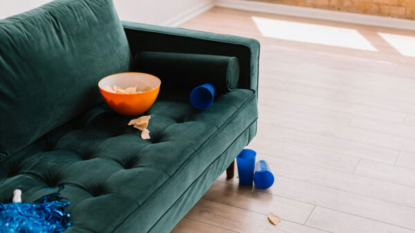 Green couch with a bowl of chips spilled with blue cups and blue pom poms.