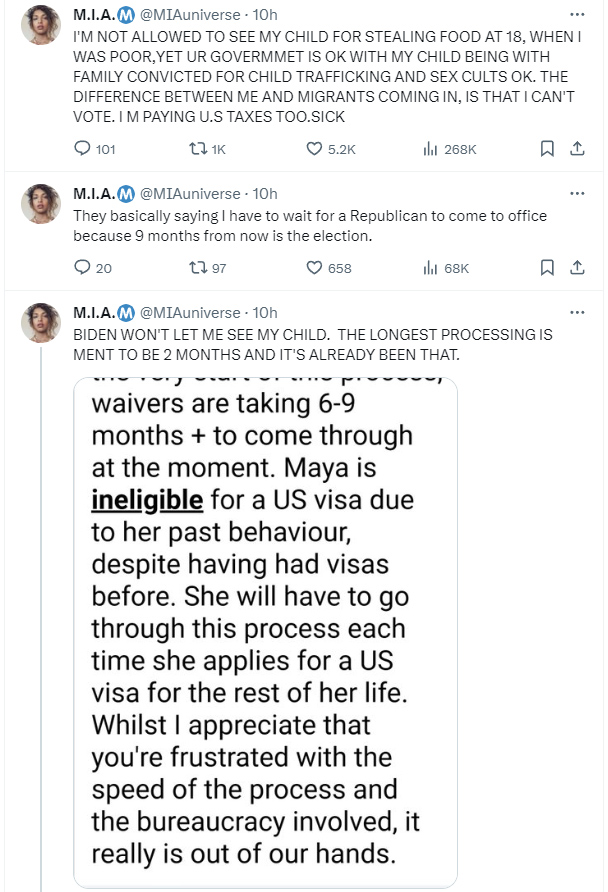 Tweet by M.I.A. about the custody of her son