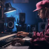 A young hip-hop artist using a keyboard while working in a recording studio.