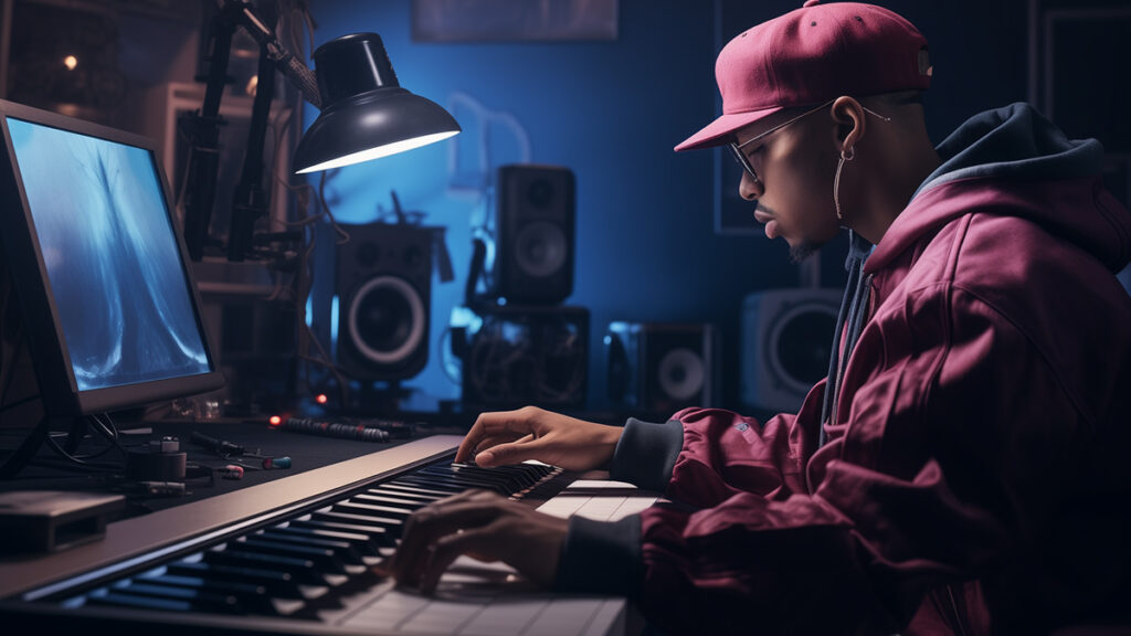 A young hip-hop artist using a keyboard while working in a recording studio.