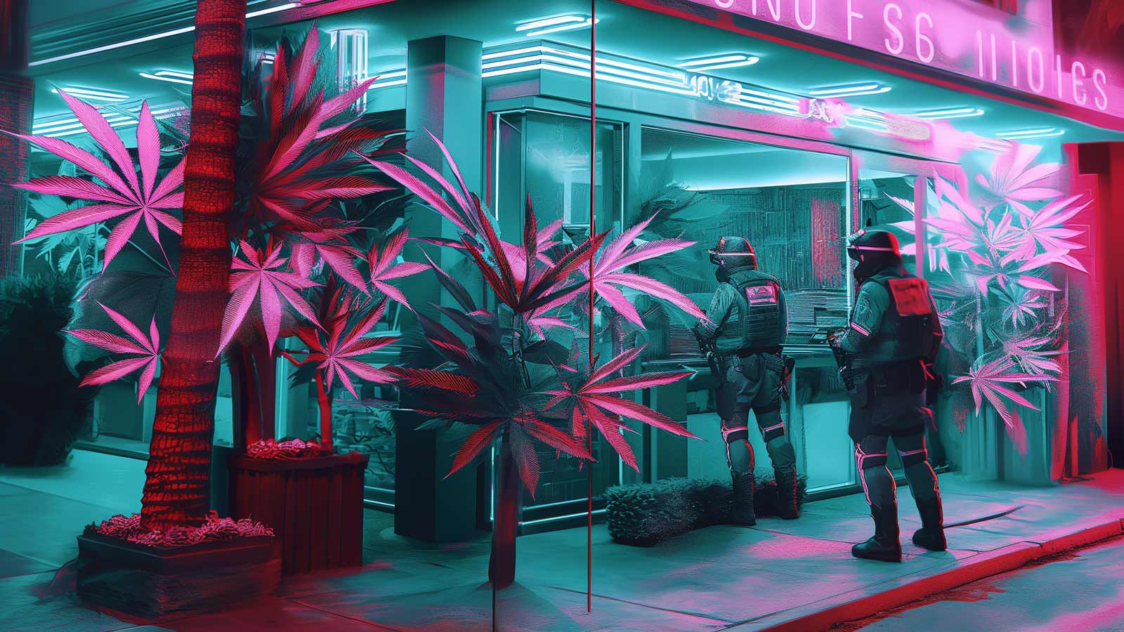 Police entering a marijuana dispensary in this AI-generated image.