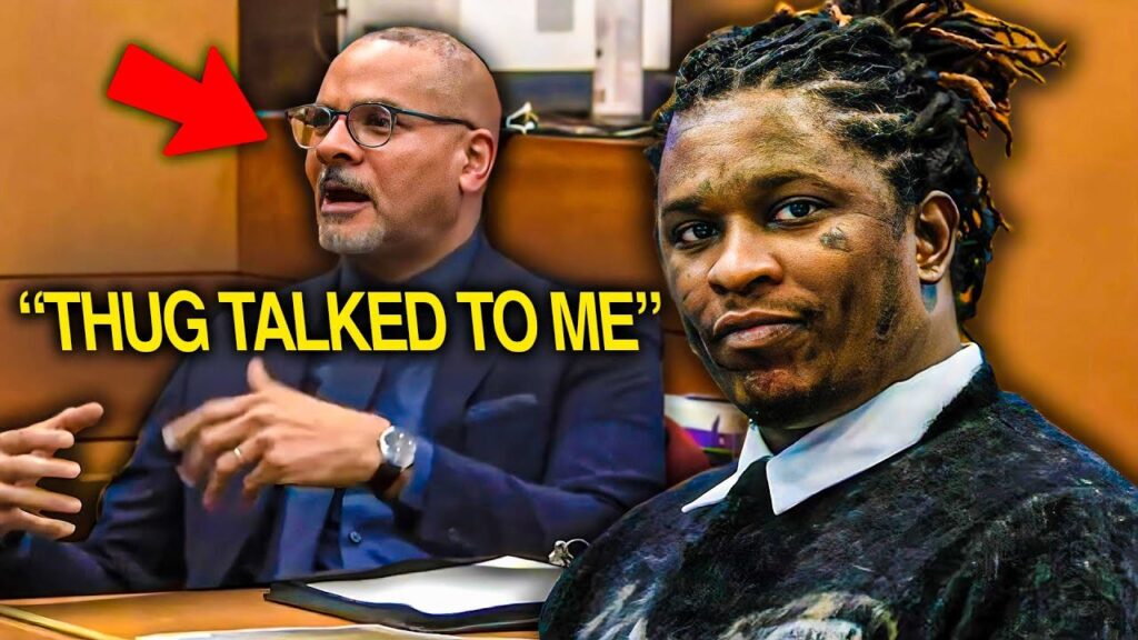 Rapper Young Thug and a detective on the stand at his trial.