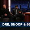 Snoop Dogg, Dr. Dre and 50 Cent sitting next to late night host Jimmy Kimmel
