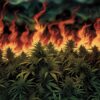 A field of marijuana plants on fire.