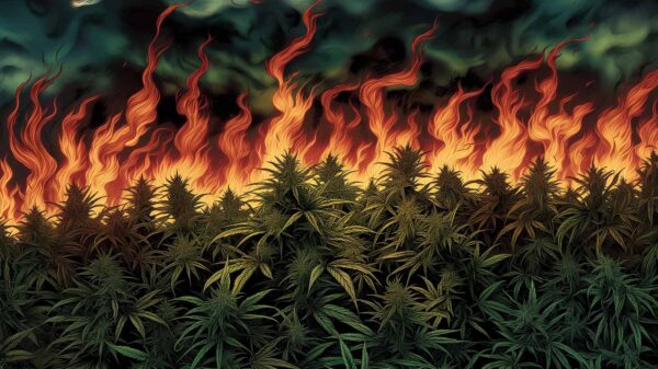 A field of marijuana plants on fire.