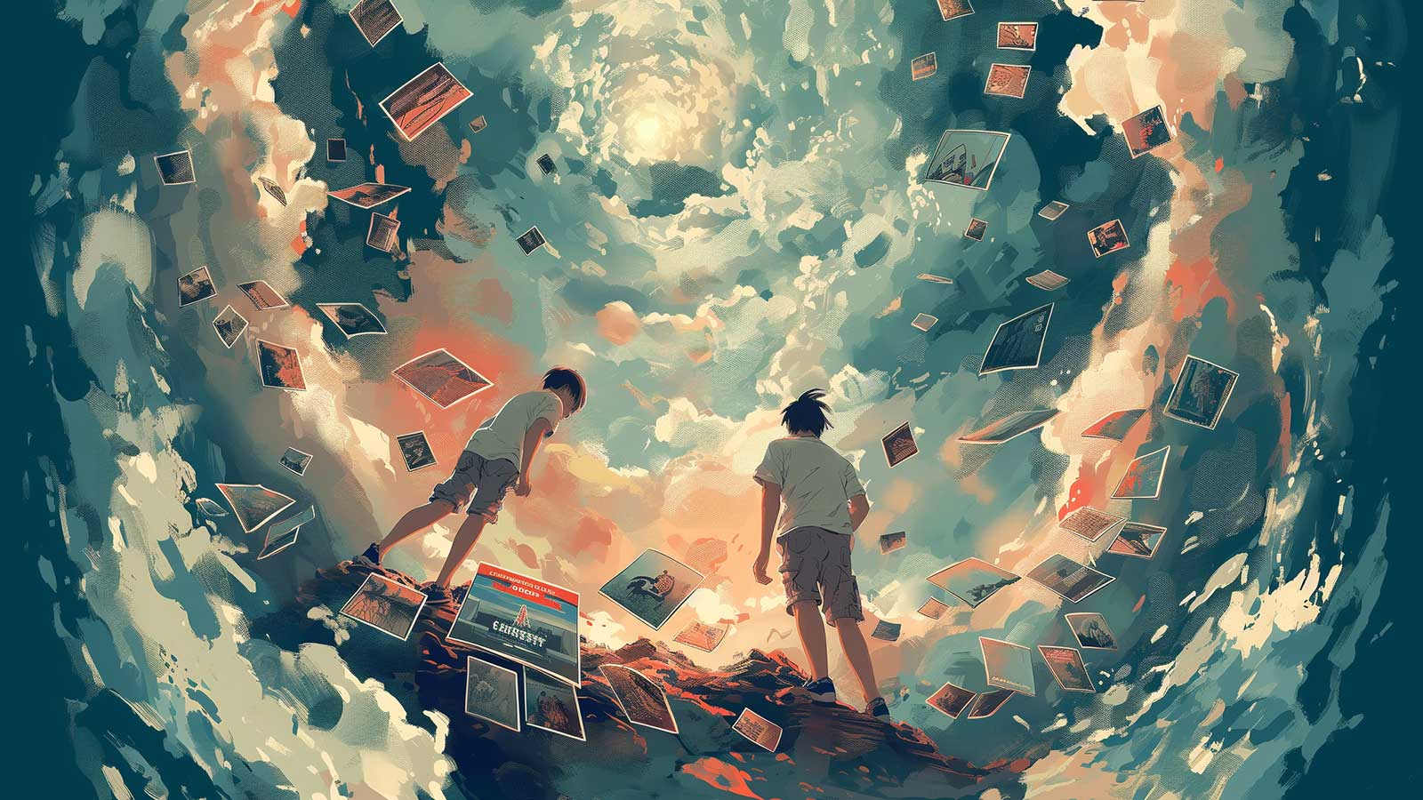 Two children surrounded by trading cards floating in the clouds.