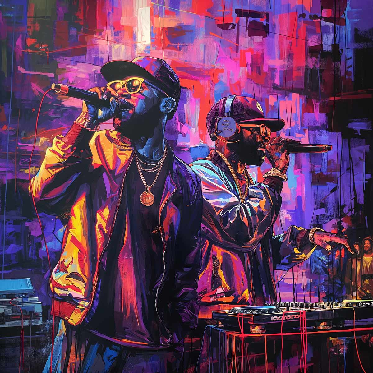 An AI-generated image depicting a rapper and DJ performing.